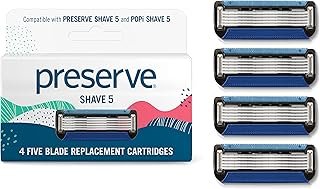 Preserve Shave 5 Razor Blades Refills - 5 Blade Razors for Men & Women - Ceramic Coated Shavers for Comfort with Aloe-Cocoa Butter Strip - Reusable Shaving Refill - 4 Pack