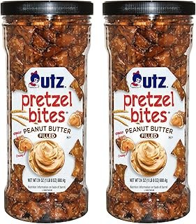 Utz Peanut Butter Pretzel Bites, 24 oz Canister (2 Count) – Crunchy Pretzel Nuggets with Creamy Peanut Butter Center, Quick Snacks with No Cholesterol, No Trans Fats, Brown