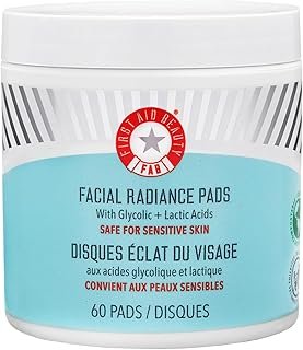 First Aid Beauty Facial Radiance Pads with Glycolic & Lactic Acids, Daily Exfoliating Pads with AHA, Visibly Smaller Pores, Help Tone & Brighten Skin, One-Step Makeup Prep, Compostable, 60