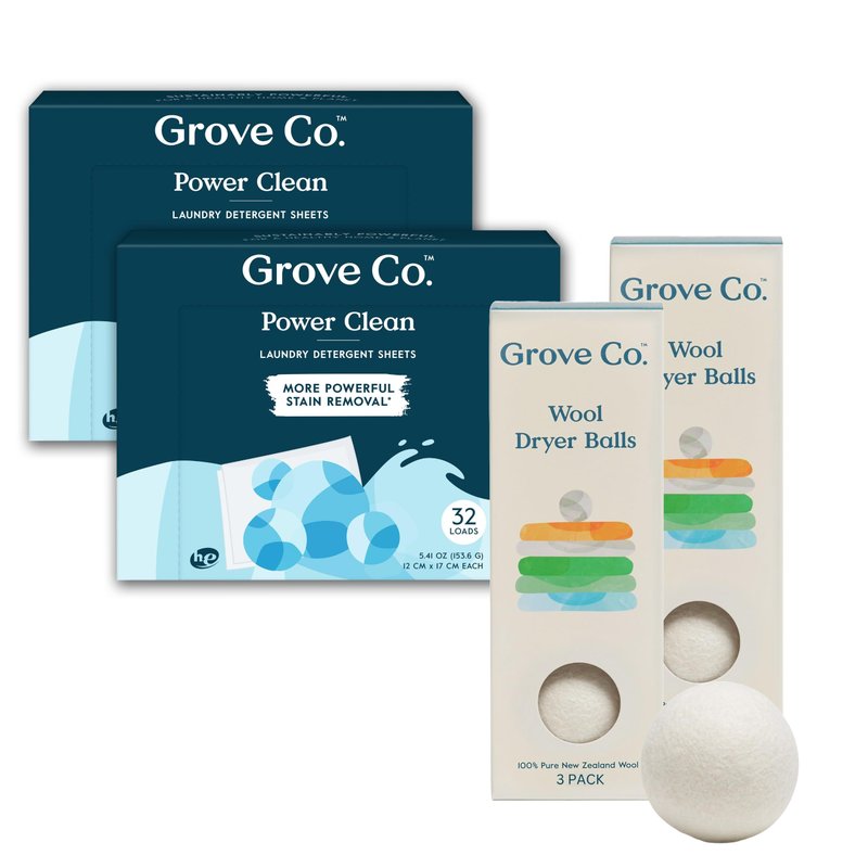 Grove Co. Laundry Detergent Sheets and Laundry Balls Bundle, Dissolving Washer Sheets (2 Pack - 64 Loads), Uncented Free & Clear, 100% Wool Dryer Balls (2 Pack - 6 Balls), Unscented
