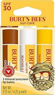 Burt’s Bees SPF 30 Lip Balm, Island Getaway - Coco Loco, Beaches & Cream, Tropic Like It's Hot, Water-Resistant Sun Care, Natural Origin Lip Treatment, 3 Tubes, 0.15 oz