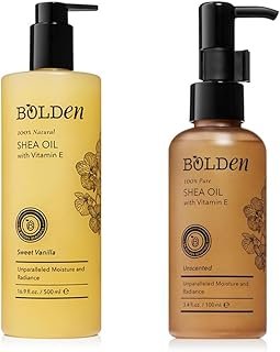 BOLDEN Shea Oil Bundle – 100% Natural Unscented (3.4 fl oz) & Sweet Vanilla Scented (16.9 fl oz) with Vitamin E for Skin & Hair | Deep Moisture & Radiance for All Skin Types