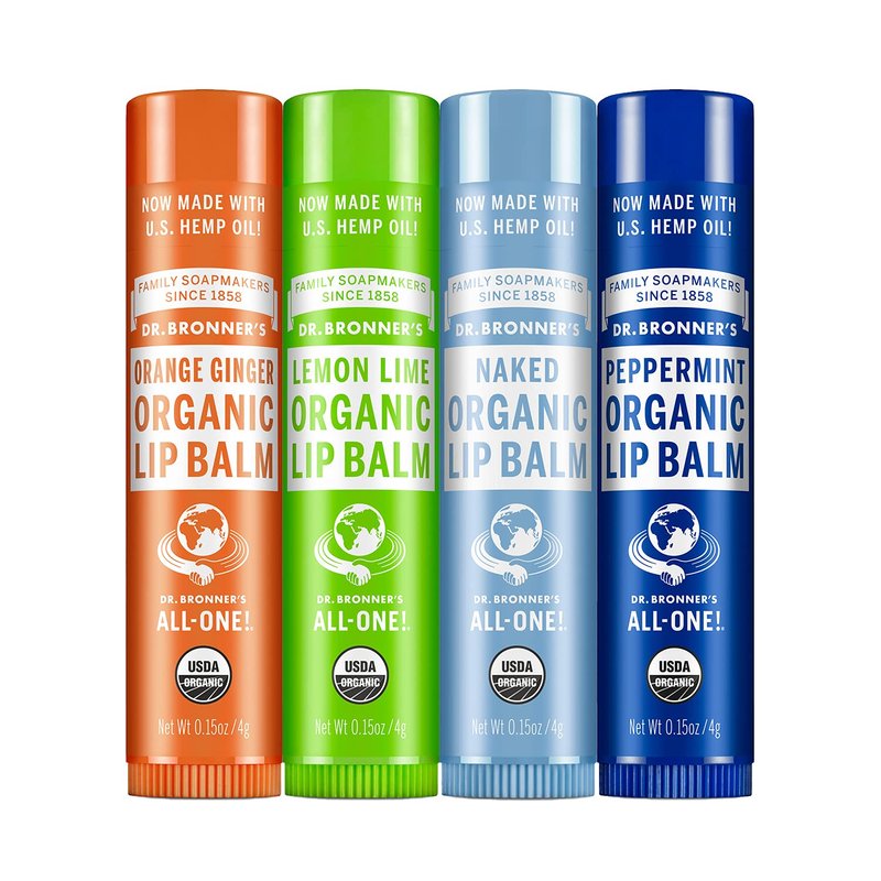 Dr. Bronner's Organic Lip Balm Variety Peppermint, Orange Ginger, Naked, Lemon Lime) - Made with Organic Beeswax and Avocado Oil, For Dry Lips, Hands, Chin or Cheeks, 0.15 Ounce (Pack of 4)