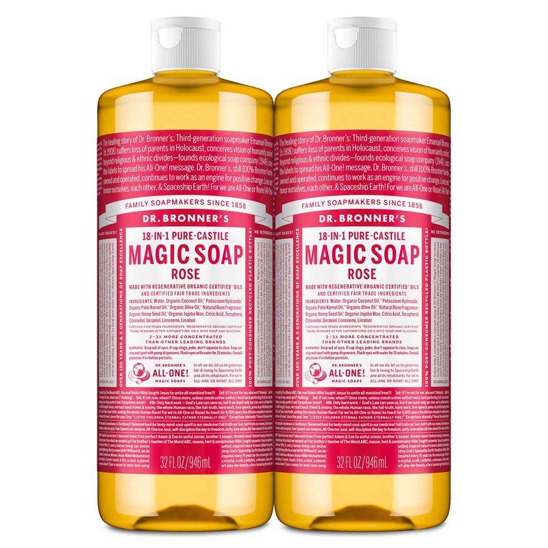 Dr. Bronner's Pure-Castile Magic Liquid Soap (Rose, 32 Ounce, 2-Pack)- Made with Regenerative Organic Certified Oils, 18-in1 Uses: Face, Hair, Hand & Body Soap, Laundry, Pets- Concentrated, Vegan