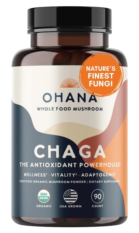 Ohana Chaga, Organic Mushrooms Blend, USDA-Organic Whole Food Mushroom Supplement, Non-GMO, Gluten-Free, 90-Capsule Bottle, Pack of 1