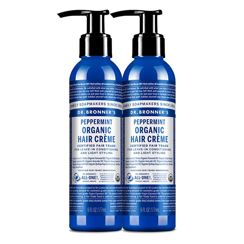 Dr. Bronner's Organic Hair Crème (Peppermint, 6 Ounce, 2-Pack) - Leave-In Conditioner and Styling Cream, Made with Organic Oils, Hair Cream Supports Shine and Strength, Nourishes Scalp, Non-GMO