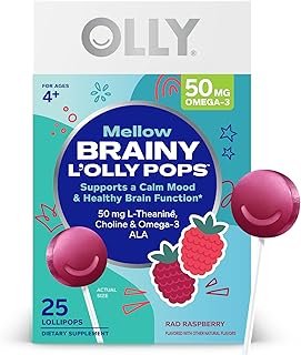 Mellow Buddies L’OLLY Pops, L-Theanine, Choline, Omega-3 ALA, Kids 4+ Dietary Supplement Lollipops, Supports a Calm Mood & Healthy Brain Function,* Vegan, Raspberry Flavored, 25 Count