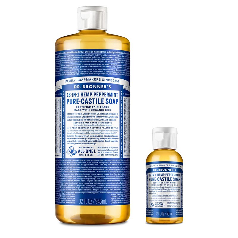 Dr. Bronner's Pure-Castile Liquid Soap (Peppermint, 32 ounce and 2oz bundle) - Made with Organic Oils, 18-in-1 Uses: Face, Body, Hair, Laundry, Pets & Dishes, Concentrated, Vegan, Non-GMO
