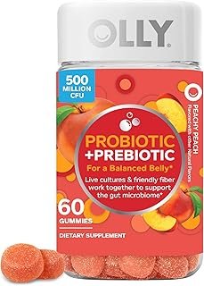 OLLY Probiotic + Prebiotic Gummy, Digestive Support and Gut Health, 500 Million CFUs, Fiber, Adult Chewable Supplement for Men and Women, Peach, 60 Day Supply - 60 Count