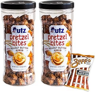 Utz Peanut Butter Filled Pretzel Bites - (1, 24oz barrels) - Variety Pack - Zapp's Mesquite BBQ Chips (1, 4.75oz bag) - Delicious and Tasty - 3 Items Total