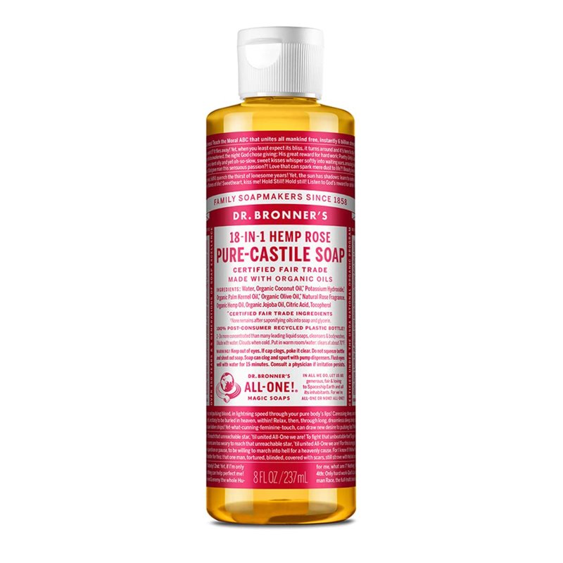 Dr. Bronner's Pure-Castile Liquid Soap (Rose, 8 ounce) - Made with Organic Oils, 18-in-1 Uses: Face, Body, Hair, Laundry, Pets and Dishes, Concentrated, Vegan, Non-GMO