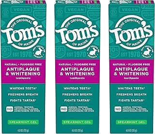 Tom's of Maine Antiplaque and Whitening Fluoride Free Natural Toothpaste Gel, Vegan, Spearmint, 4 Ounces (3 Pack)