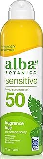 Alba Botanica Sensitive Sunscreen Spray for Face and Body, Fragrance-Free, Broad Spectrum SPF 50, Water Resistant, 5 fl. oz. Bottle