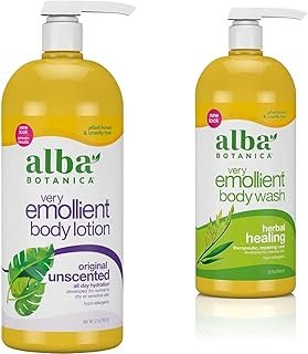 Alba Botanica Very Emollient Body Lotion, Unscented Original, 32 Oz & Very Emollient Body Wash, Herbal Healing, 32 Oz