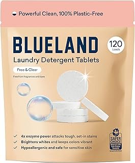 BLUELAND Laundry Detergent Tablets, 120 Count, Plastic-Free Eco-Friendly Pods, Sheets, Liquid Alternative - Fragrance Free and Clear, Natural, Gentle