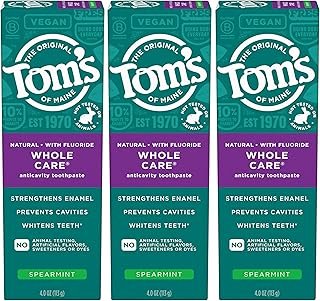 Tom's of Maine Whole Care Natural Toothpaste with Fluoride, Spearmint, 4 Ounce (Pack of 3), (Packaging May Vary)