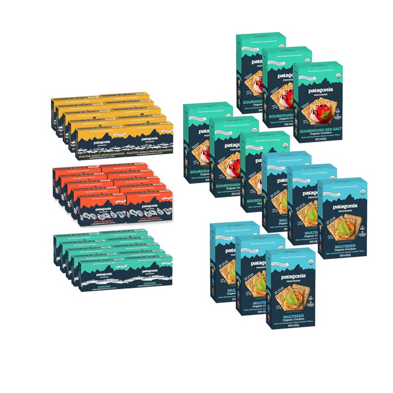 Patagonia Provisions Best Sellers Bulk Bundle | 12 Crackers, 30 Tinned Fish | Sourdough and Rosemary Garlic Crackers | Spicy Mussels, Wild Sardines, Roastic Garlic Anchovies