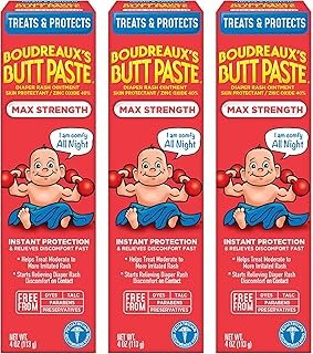 Boudreaux’s Butt Paste Max Strength Diaper Rash Cream for Baby, Ointment With Zinc Oxide, 4 oz Tubes, 3 Pack