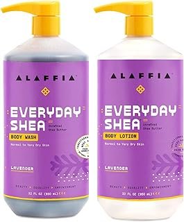 Alaffia EveryDay Shea Body Lotion and Body Wash Bundle - Normal to Very Dry Skin, Moisturizes and Cleanses Soft and Supple Skin with Shea Butter, Lemongrass, Neem and Coconut Oil, Lavender, 32 Oz Each