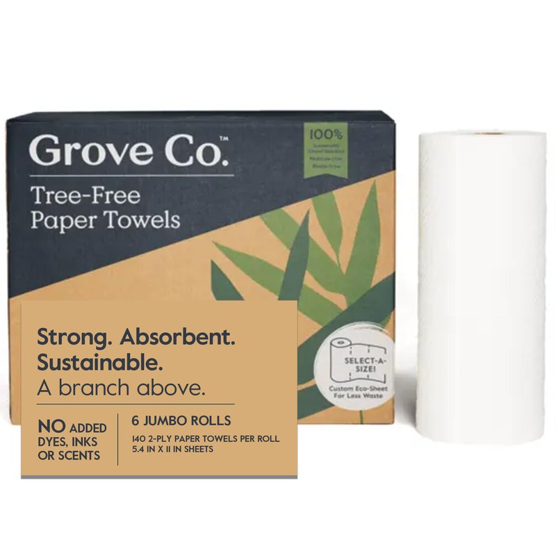 Grove Co. Bamboo Paper Towels, Tree Free & Sustainable Kitchen Paper Towels, Strong & Absorbent with Custom Select Sheets for Less Waste, Zero Plastic Waste. 140 x 2-ply Sheets per Roll, 6 Pack Rolls