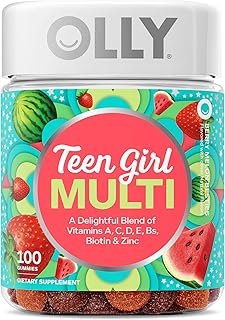 OLLY Teen Girl Multi Gummy, Healthy Skin and Immune Support*, Essential Vitamins, Biotin, Zinc, Chewable Multivitamin, Strawberry Melon Flavored, 50 Day Supply - 100 Count