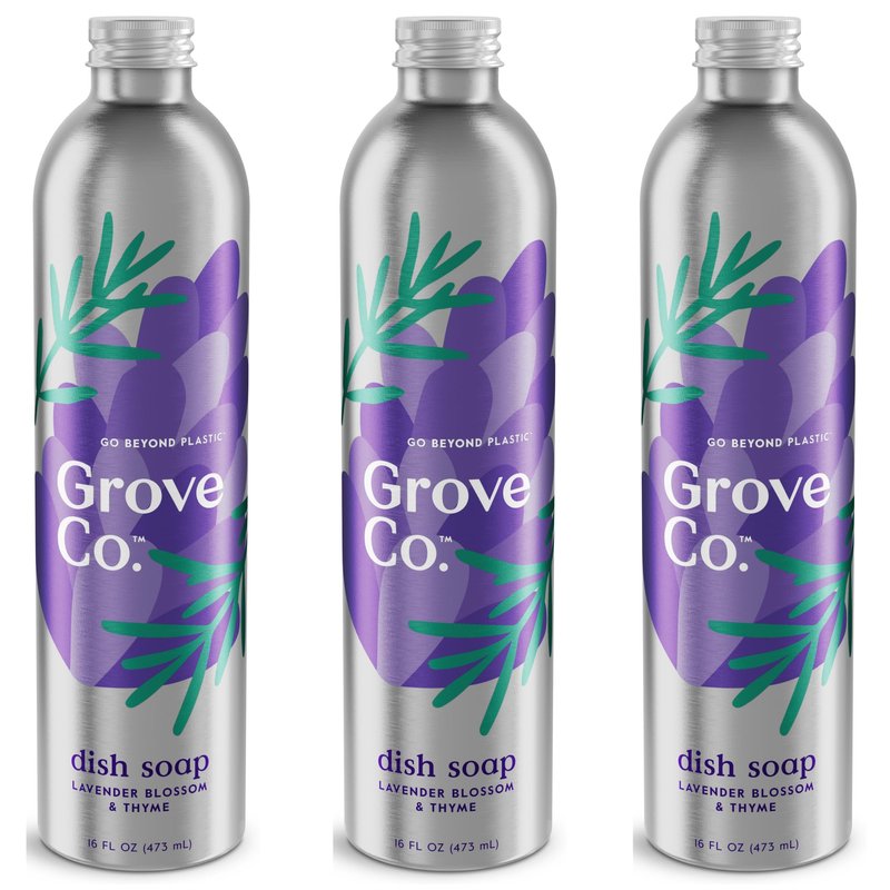 Grove Co. Ultimate Dish Soap Refills (3 x 16 Fl Oz) Removes 48-hr Stuck-on Food and Grease, Plastic Free Cleaning Products, 100% Natural Lavender Blossom & Thyme Fragrance