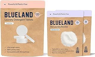 BLUELAND Laundry Essentials Refills | Laundry Detergent Tablets 120 Counts | Oxi Laundry Booster Powder Refill 2 Pack | Plastic-Free & Eco Friendly Oxy Cleaner - Plant Based Stain Remover