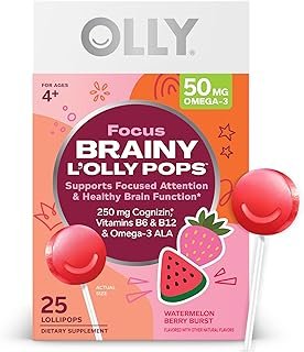 Focus Buddies L’OLLY Pops, Cognizin, Vitamins B6 and B12, Omega-3 ALA, Supports Focused Attention and Healthy Brain Function,* Kids 4+ Dietary Supplement, Watermelon Strawberry Flavored, 25 Count