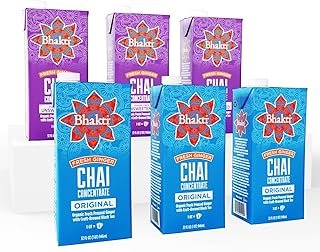 Bhakti Chai Concentrate Bundle, Sugar Free & Original, Fresh Pressed Ginger and Black Tea Blend, Vegan, Organic, Gluten-Free, All-Natural Ingredients, 32 Ounce Cartons (Pack of 6)
