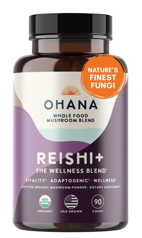 Ohana Reishi+, Organic Mushrooms Blend, USDA-Organic Whole Food Mushroom Supplement, Non-GMO, Gluten-Free, 90 Capsules, Pack of 1