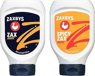 Zaxbys Sauce- Zax Sauce, Hot Sauce, Burger Sauce, BBQ Sauce, Wing Sauce, Special Dipping Sauce for Chicken Fingers, Burgers, Fry Sauce- 1 Bottle Zax Spicy, 1 Bottle Zax Sauce, 16 Fl Oz (Pack of 2)