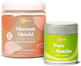 GOLDE Pure Matcha - 100% Pure Japanese Ceremonial Grade Matcha Green Tea Powder Shroom Shield - Superfood with Turkey Tail Mushroom, Reishi Mushroom Extract, Cacao and Coconut Milk Powder