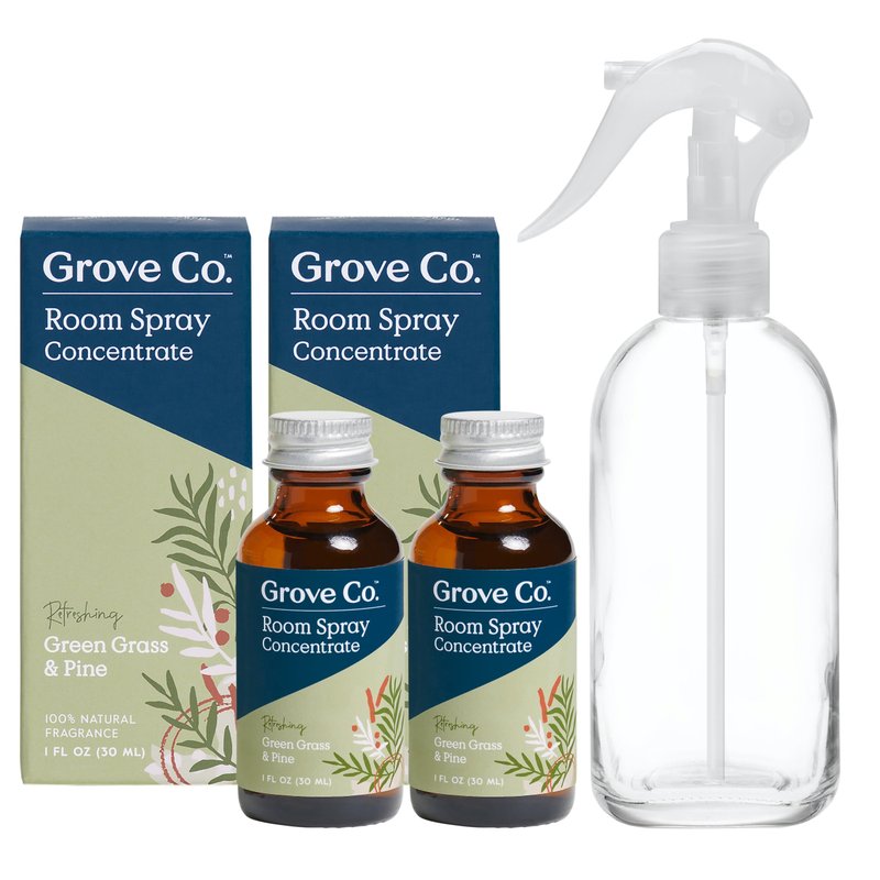 Grove Co. Liquid Air Freshener Refills (2 x 1oz) + Room Spray Glass Bottle, 100% Natural Green Grass & Pine Room Fragrance