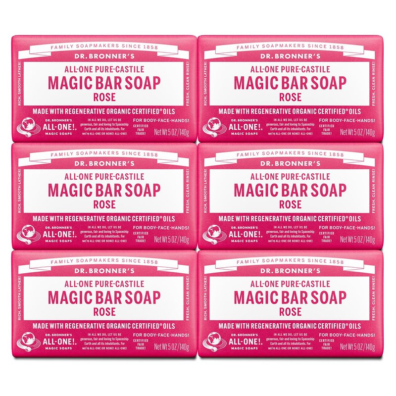 Dr. Bronner's Pure-Castile Magic Soap Bars (Rose, 5 oz, 6-Pack)- Made with Regenerative Organic Certified Oils- For Face, Body & Hair - Gentle, Vegan- Bar Soaps for Men & Women