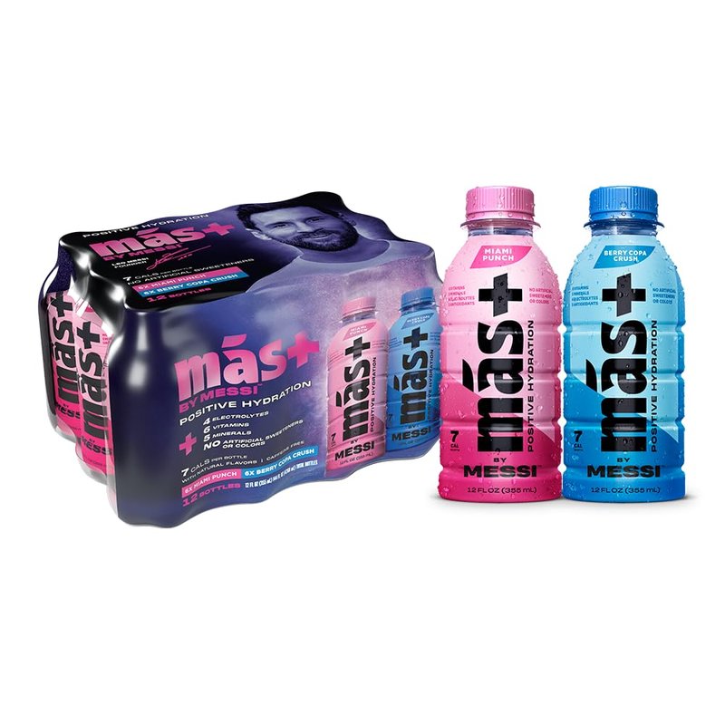 Más+ By Messi 12oz Miami Punch & Berry Copa Crush Multi Pack Sports Drink & Hydration Beverage, Natural Flavors with Vitamins and Electrolytes, No Artificial Sweeteners or Colors, 12-pack