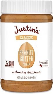 Justin's Classic Peanut Butter, Only Two Ingredients, No Stir, Gluten-free, Non-GMO, Keto-Friendly, Responsibly Sourced, 16oz Jar