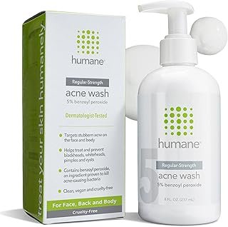 humane Benzoyl Peroxide Acne Face Wash - 5% Regular-Strength Acne Treatment for Face, Skin, Back and Body - 8 Fl Oz - Dermatologist-Tested Non-Foaming Cleanser - Vegan, Cruelty-Free