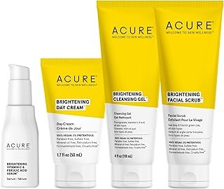 Acure Brightening Starter Kit - Cleansing Gel, Facial Scrub, Day Cream, and Vitamin C & Ferulic Acid Serum - All Skin Types - Softens, Detoxifies and Cleanses For Natural Glowing Skin