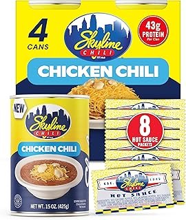 Skyline Chicken Chili Bundle - 4-Pack 15 oz Cans with 8 Packets of Skyline Chili Hot Sauce, Authentic Cincinnati Chili & Spicy Sauce Combo for Coneys, Spaghetti, Nachos & Low Carb Meals