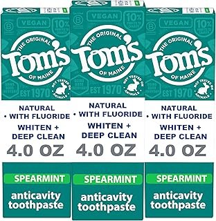 Tom's of Maine Whiten Plus Deep Clean Whitening Toothpaste, Natural Whitening Toothpaste with Plant-Based Cleansers, Enamel Safe, Whitens Without Causing Sensitivity, Spearmint, 4.0 Oz (Pack of 3)