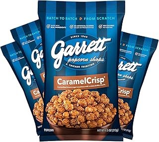 Garrett Popcorn CaramelCrisp, 7.5oz, 4 Bags,​ Caramel Gourmet Popcorn, Gluten Free, Sweet Snack, Popped Popcorn Bags
