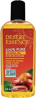Desert Essence 100% Pure Jojoba Oil – 4 Fl Oz Moisturizer for Hair, Skin & Scalp | Makeup Remover & Aftershave Hydrator, Non-GMO, Vegan, Cold-Pressed, Anti-Flakiness & Non-Clogging Beauty Elixir