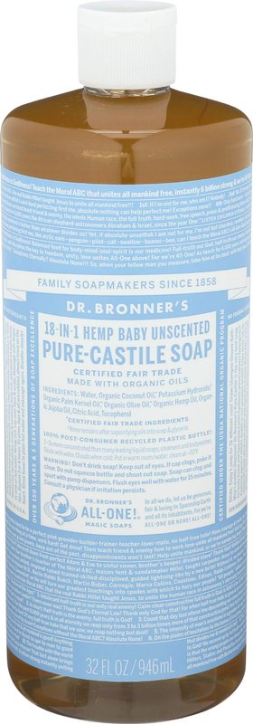 Dr. Bronner's Pure-Castile Liquid Soap (Baby Unscented, 32 Ounce) - Made with Organic Oils, 18-in-1 Uses: Face, Hair, Laundry, Dishes, For Sensitive Skin, Babies, No Added Fragrance, Vegan, Non-GMO