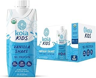 Koia Kids Plant Based Protein Shake, Vanilla, Ready to Drink, 9g Protein, 4g Low Sugar, 4g Fiber, 21 Vitamins & Minerals, Dairy-Free, Allergen-Free, Organic, Non-GMO, 8 Fl Oz (Pack of 12)