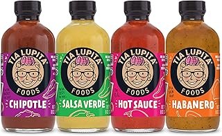 TIA LUPITA Hot Sauce Variety Pack - 4 Bottles of Flavorful Heat - Jalapeño, Salsa Verde, Habanero, Chipotle - Gluten-Free, Non-GMO, Sugar Free, Low Sodium, Keto, No Carbs