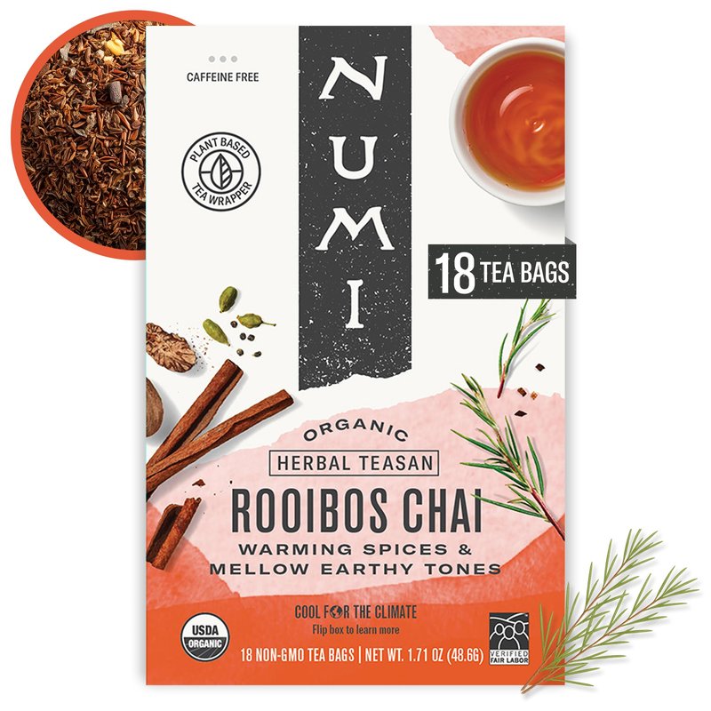 Numi Organic Rooibos Chai Tea, 18 Caffeine Free Herbal Bags, Microplastic Free, Rich Flavor with Cinnamon, Allspice & Ginger