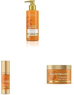 Avalon Organics Cleansing Gel with Vitamin C, 6 Oz with Radiance Serum with Vitamin C, 1 Oz and Renewal Crème Riche with Vitamin C, 1.7 Oz