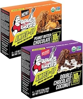 Dave's Killer Bread Double Chocolate Coconut Amped-Up Protein Bars 4 CT + Peanut Butter Choclate Chunk Amped-Up Protein Bars 4 CT (1 of each) Variety Pack