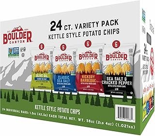 Boulder Canyon Kettle Style Potato Chips Variety Pack, 24 Count, Assorted 1.5oz. Bags, Olive Oil Classic Sea salt, Hickory BBQ, Sea Salt & Cracked Pepper, Classic Sea salt