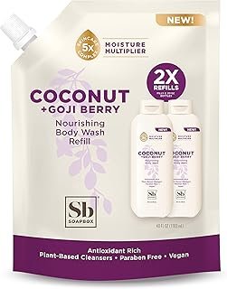 Soapbox Body Wash Refill, Coconut + Goji Berry Body Wash Refill Pack, Bulk Soap Pouch, Vegan + Antioxidant Rich Moisturizing with Shea Butter, Peptides & Keratin Promoting B3, 40oz